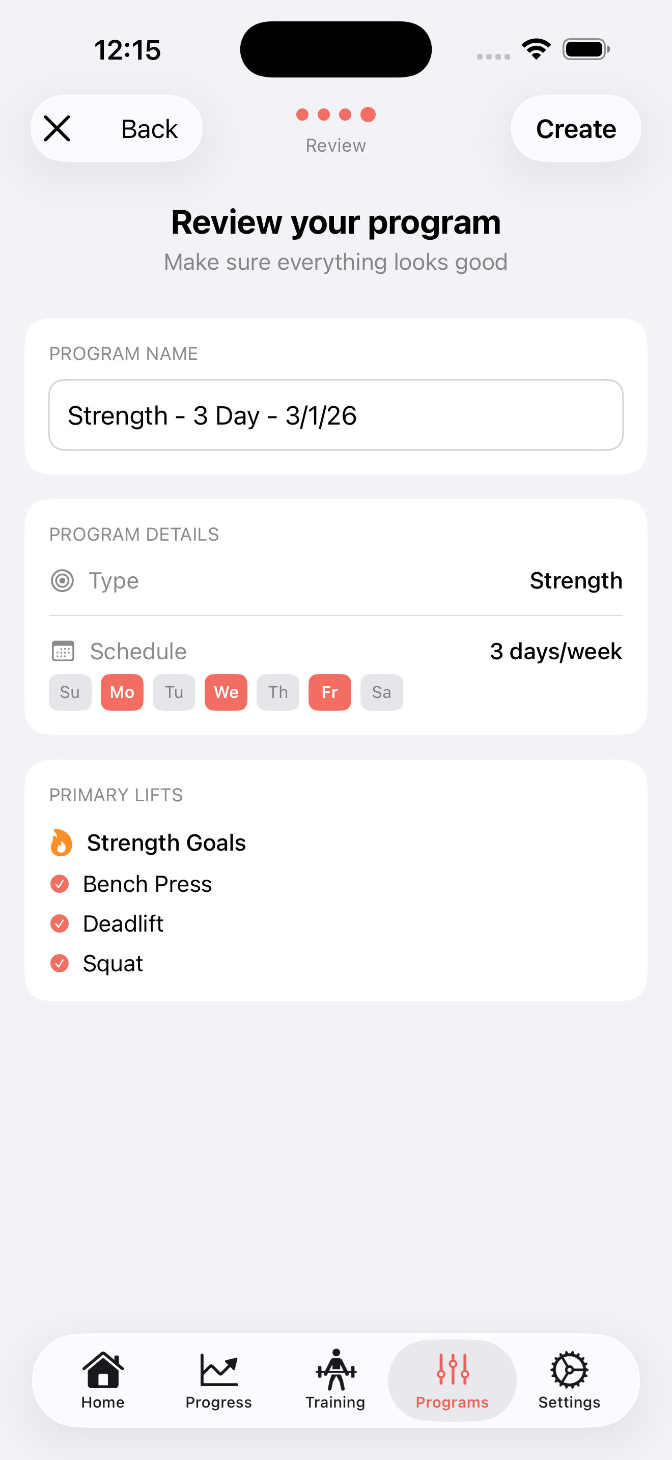 Generated program overview with weekly training plan