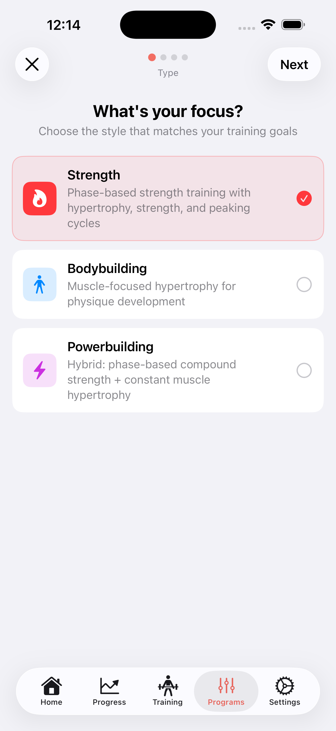 Program creation wizard showing goal and schedule selection